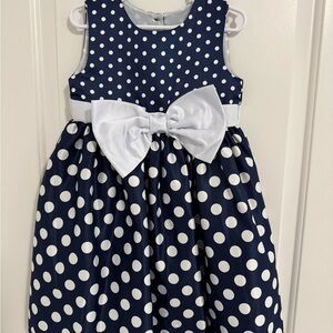 Navy Polka Dot Dress with White Bow